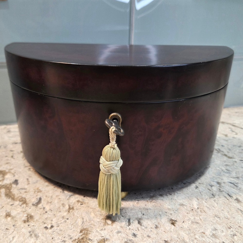 Vintage 2000 Bombay Company Burl Wood Half Moon Demilune Keepsake Box Tassel Key